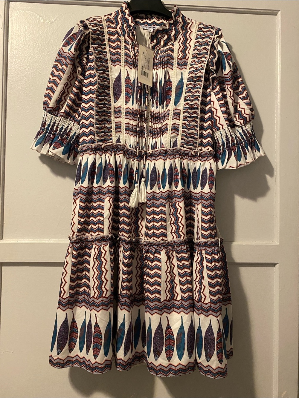 Yakira Bella Alyssa Ivory Ground Tiered Midi Dress w Tassel Tie - Feathers - Med